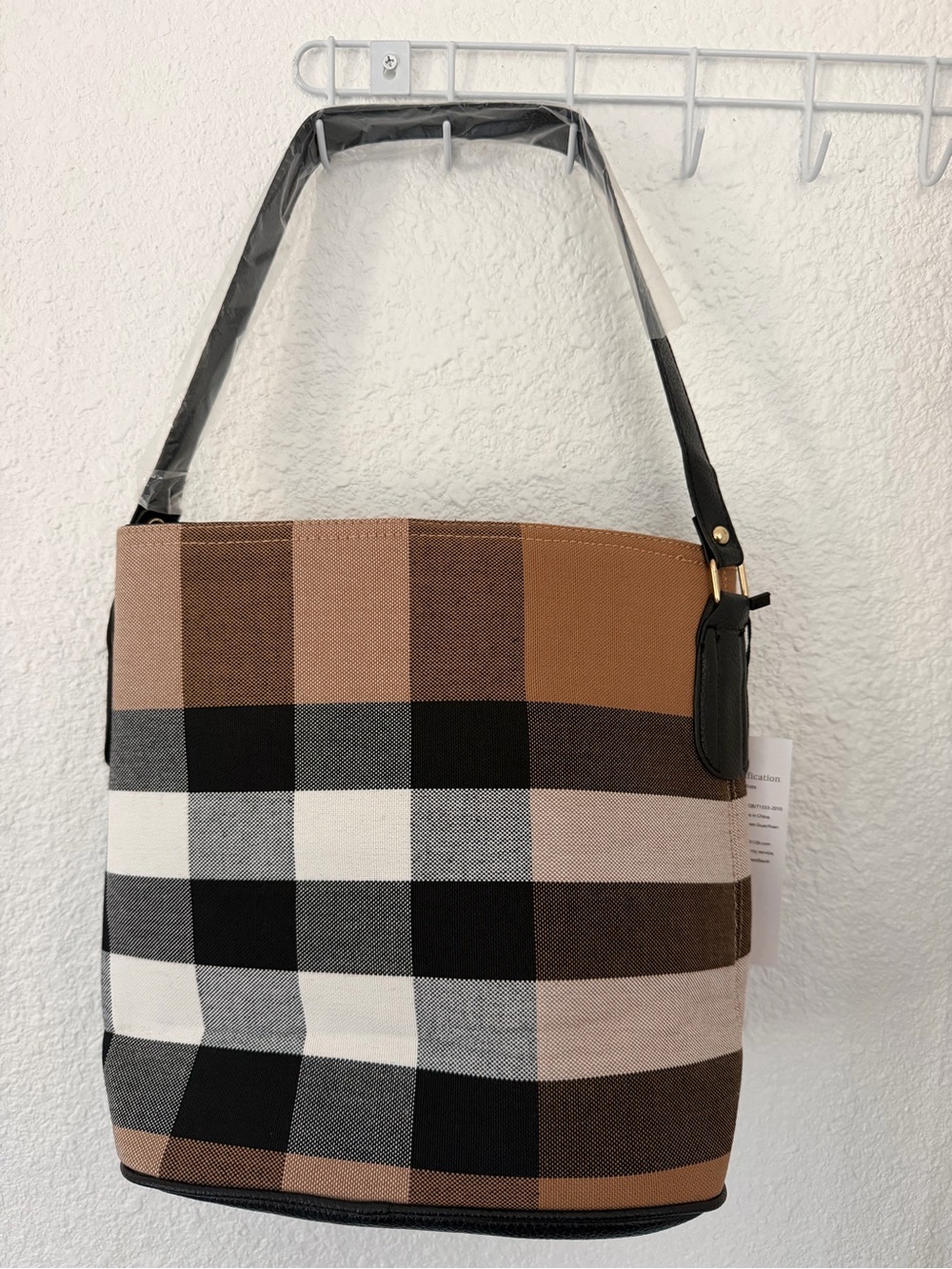 Plaid Bucket Shoulder Bag in Brown and Black